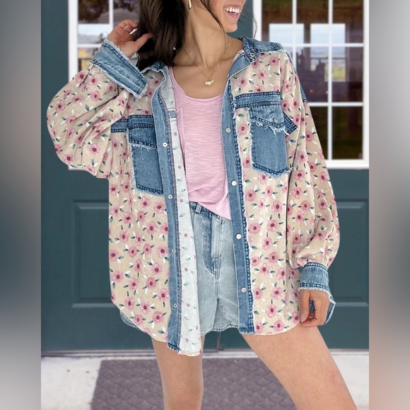 BiBi Tops - Bibi Rustic Romance floral denim chambray button up